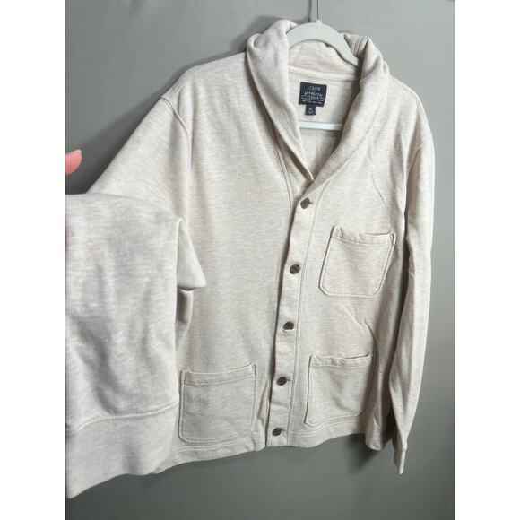 J Crew Mens Fleece Shawl Cardigan Beige Comfort Pocket Sz XL Buttons - Picture 12 of 16